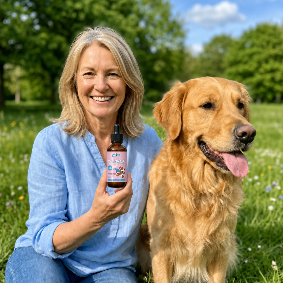 Chien heureux avec produit Maison Patte